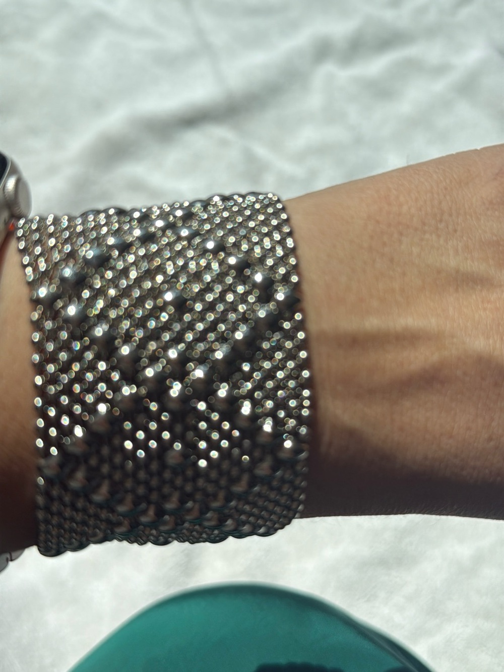 Silver-Tone Beaded Mesh Statement Necklace & Wide Bracelet Jewelry Set
